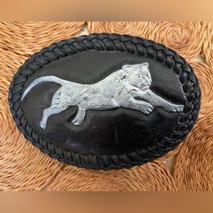Vintage Black Leather Braided Belt Buckle Painted Silver Puma Mountain Lion